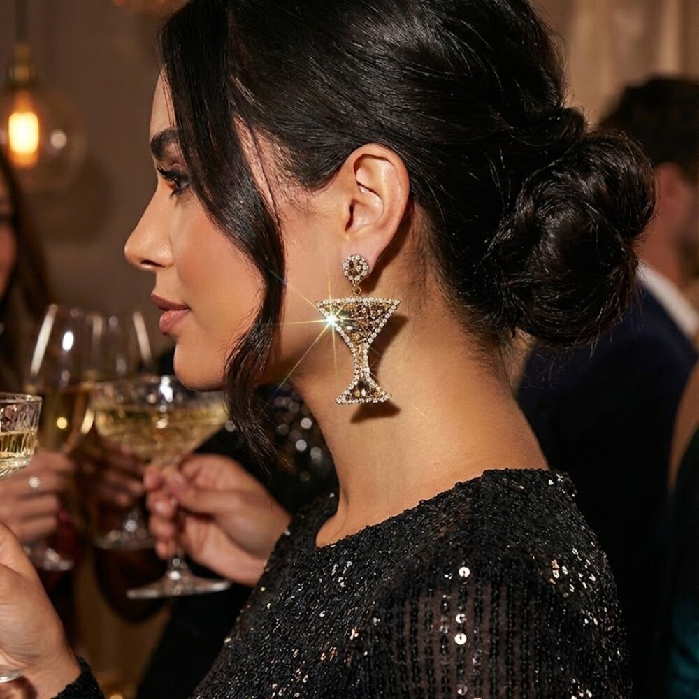 NEW Boston Proper GOLD Martini Cocktail Earrings Crystal Bead Statement Jewelry - Picture 4 of 7